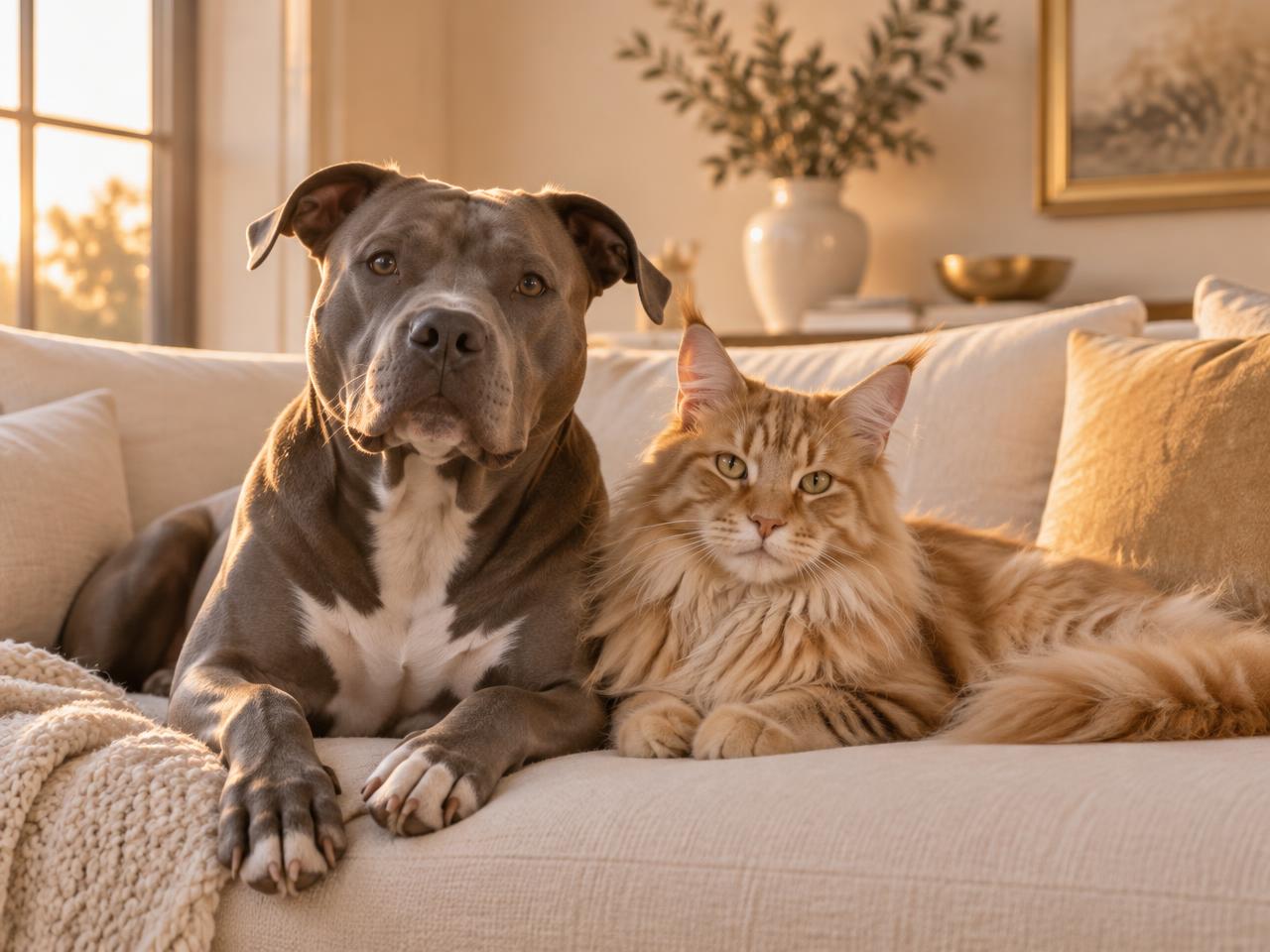Cachorro e gato descansando juntos num sofá creme, com luz dourada